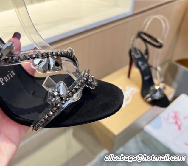 Luxurious Christian Louboutin Joli Queen High Heel Sandals 10cm in PVC and Crystals Black 915030