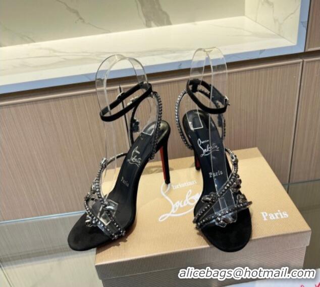 Luxurious Christian Louboutin Joli Queen High Heel Sandals 10cm in PVC and Crystals Black 915030