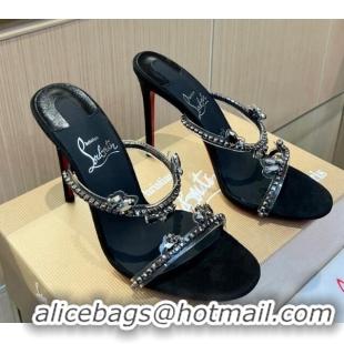 Pretty Style Christian Louboutin Just Queen High Heel Slide Sandals 10cm in PVC and Crystals Black 915032