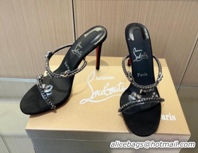 Pretty Style Christian Louboutin Just Queen High Heel Slide Sandals 10cm in PVC and Crystals Black 915032