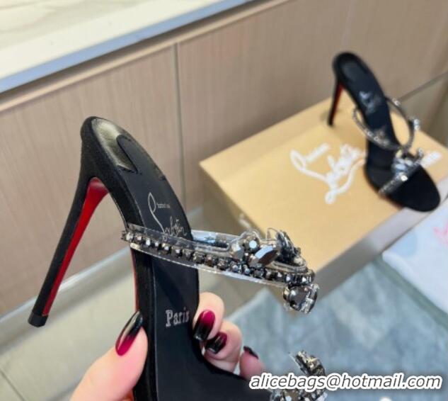 Pretty Style Christian Louboutin Just Queen High Heel Slide Sandals 10cm in PVC and Crystals Black 915032