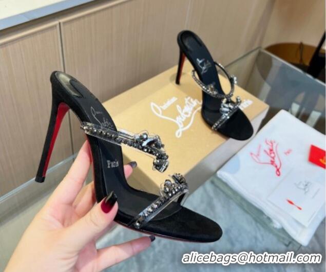 Pretty Style Christian Louboutin Just Queen High Heel Slide Sandals 10cm in PVC and Crystals Black 915032