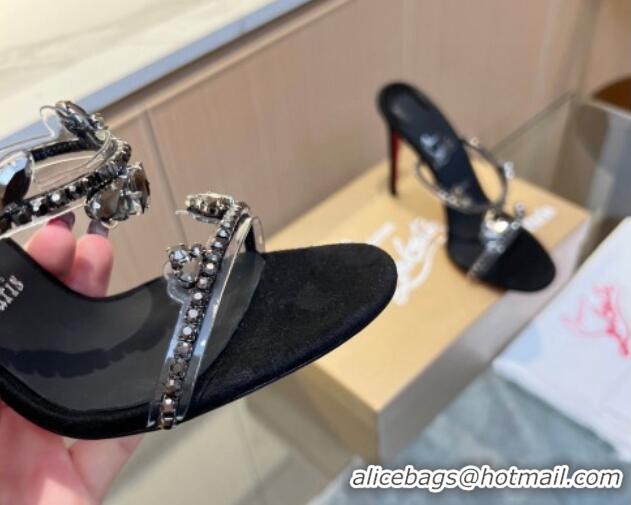 Pretty Style Christian Louboutin Just Queen High Heel Slide Sandals 10cm in PVC and Crystals Black 915032