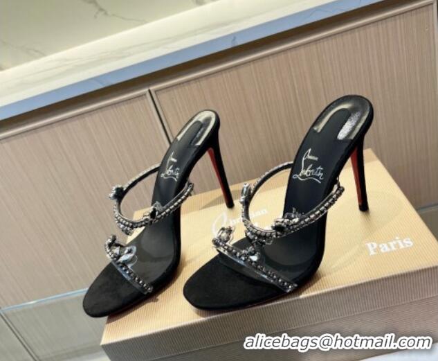 Pretty Style Christian Louboutin Just Queen High Heel Slide Sandals 10cm in PVC and Crystals Black 915032