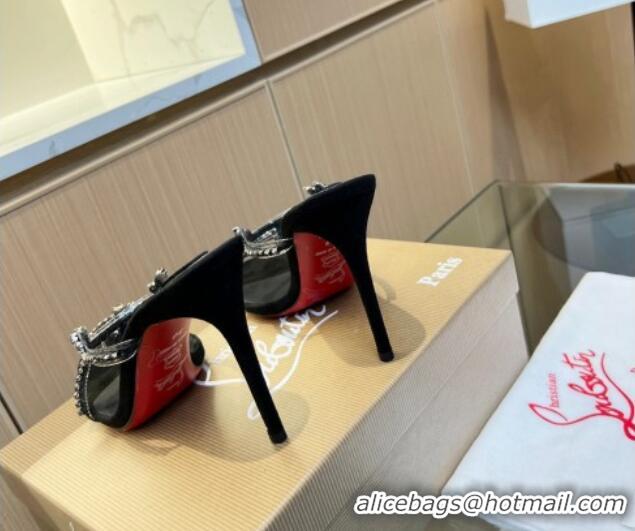 Pretty Style Christian Louboutin Just Queen High Heel Slide Sandals 10cm in PVC and Crystals Black 915032