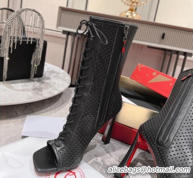 Big Discount Christian Louboutin Perforated Leather Open Toe Lace-up Ankle Boots 10cm Black 915040