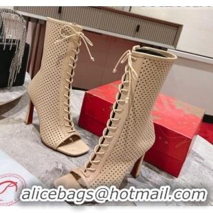 Unique Discount Christian Louboutin Perforated Leather Open Toe Lace-up Ankle Boots 10cm Nude 915041