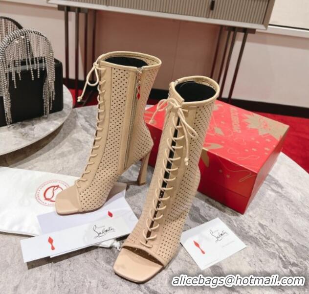 Unique Discount Christian Louboutin Perforated Leather Open Toe Lace-up Ankle Boots 10cm Nude 915041