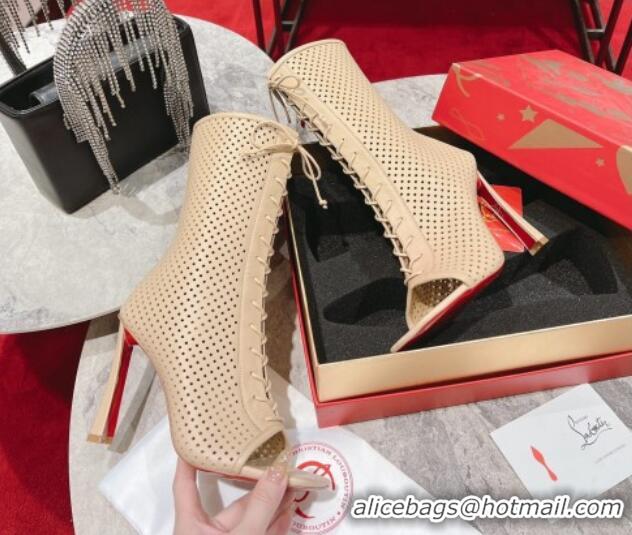 Unique Discount Christian Louboutin Perforated Leather Open Toe Lace-up Ankle Boots 10cm Nude 915041