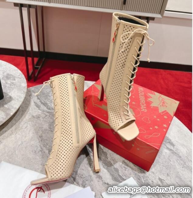 Unique Discount Christian Louboutin Perforated Leather Open Toe Lace-up Ankle Boots 10cm Nude 915041