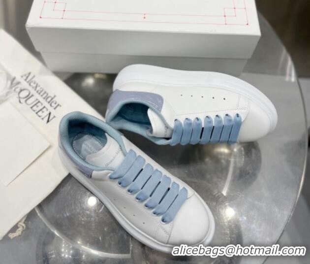 Hot Style Alexander McQueen Oversized Sneakers in Silky Calfskin with Shiny Heel Tab Dusty Blue 110276