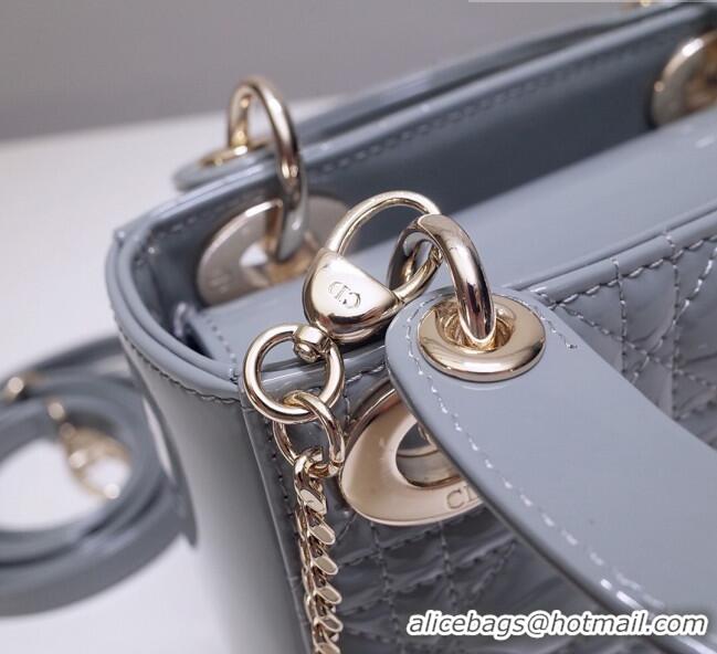 Super Quality Dior Mini Lady Dior Bag in Patent Leather CD2808 Grey 2023 (Two Straps)