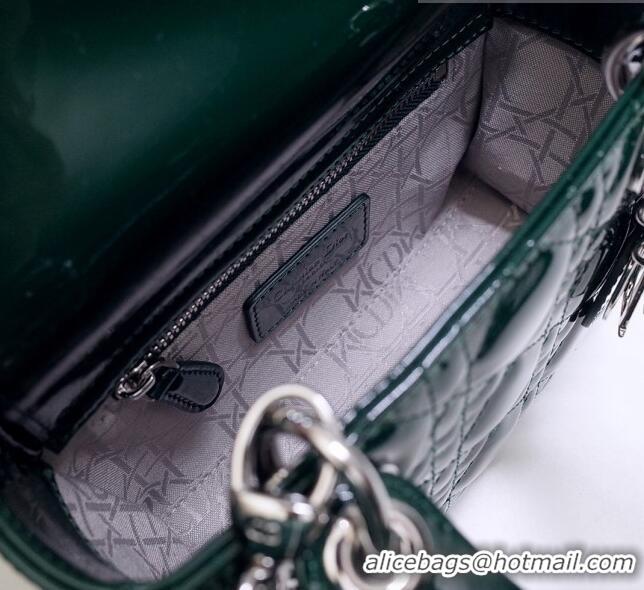 ​Cheapest Dior Mini Lady Dior Bag in Patent Leather CD2808 Green/Silver 2023 (Two Straps)