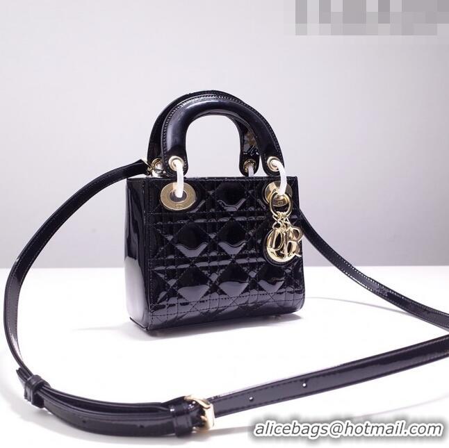 Classic Grade Dior Mini Lady Dior Bag in Patent Leather CD2808 Black/Gold 2023 (Two Straps)