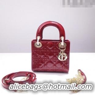 Grade Quality Dior Mini Lady Dior Bag in Patent Leather CD2808 Burgundy/Gold 2023 (Two Straps)