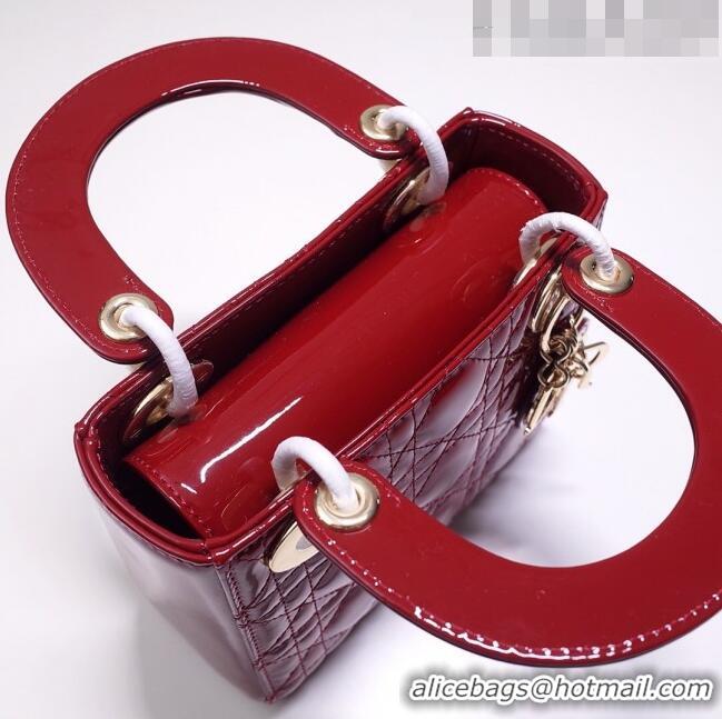 Grade Quality Dior Mini Lady Dior Bag in Patent Leather CD2808 Burgundy/Gold 2023 (Two Straps)