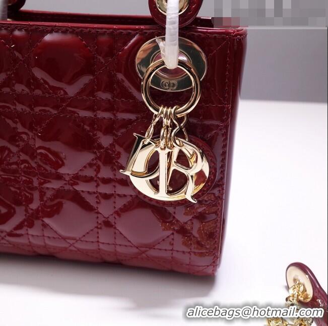 Grade Quality Dior Mini Lady Dior Bag in Patent Leather CD2808 Burgundy/Gold 2023 (Two Straps)