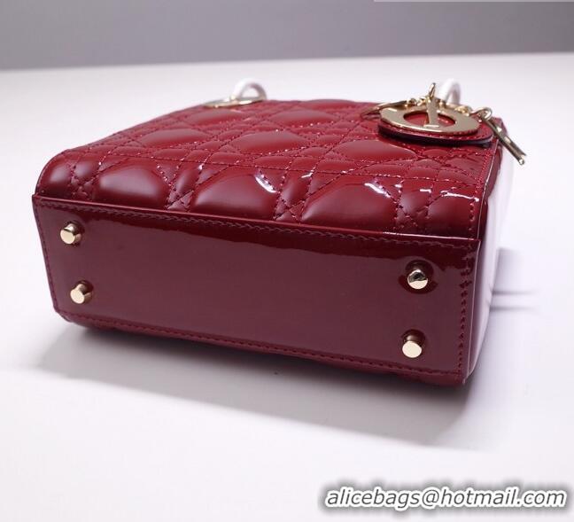 Grade Quality Dior Mini Lady Dior Bag in Patent Leather CD2808 Burgundy/Gold 2023 (Two Straps)