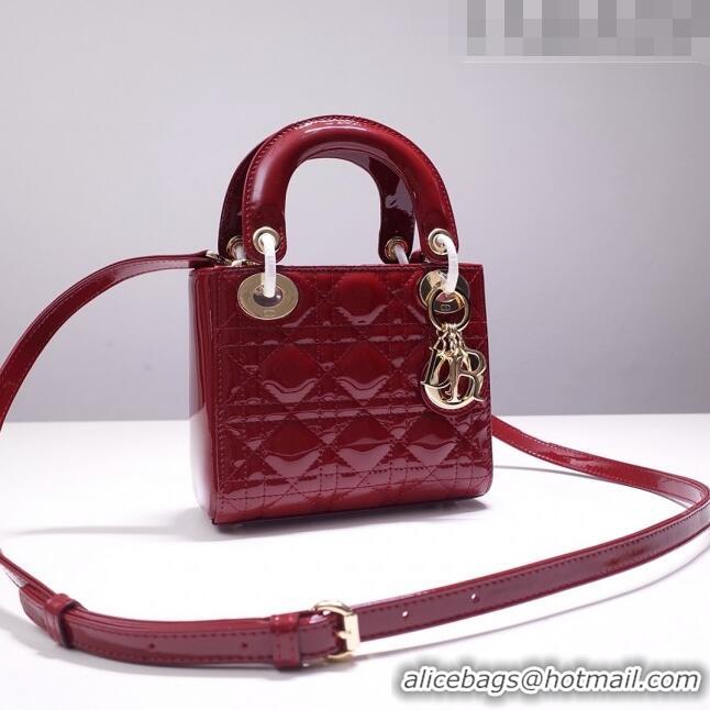 Grade Quality Dior Mini Lady Dior Bag in Patent Leather CD2808 Burgundy/Gold 2023 (Two Straps)