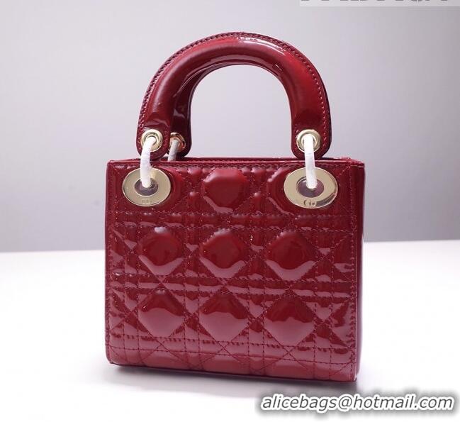 Grade Quality Dior Mini Lady Dior Bag in Patent Leather CD2808 Burgundy/Gold 2023 (Two Straps)