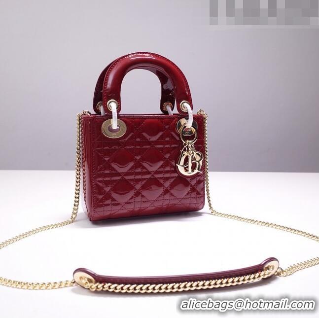 Grade Quality Dior Mini Lady Dior Bag in Patent Leather CD2808 Burgundy/Gold 2023 (Two Straps)