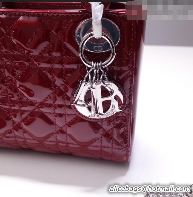 Good Taste Dior Mini Lady Dior Bag in Patent Leather CD2808 Burgundy/Silver 2023 (Two Straps)