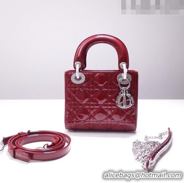 Good Taste Dior Mini Lady Dior Bag in Patent Leather CD2808 Burgundy/Silver 2023 (Two Straps)