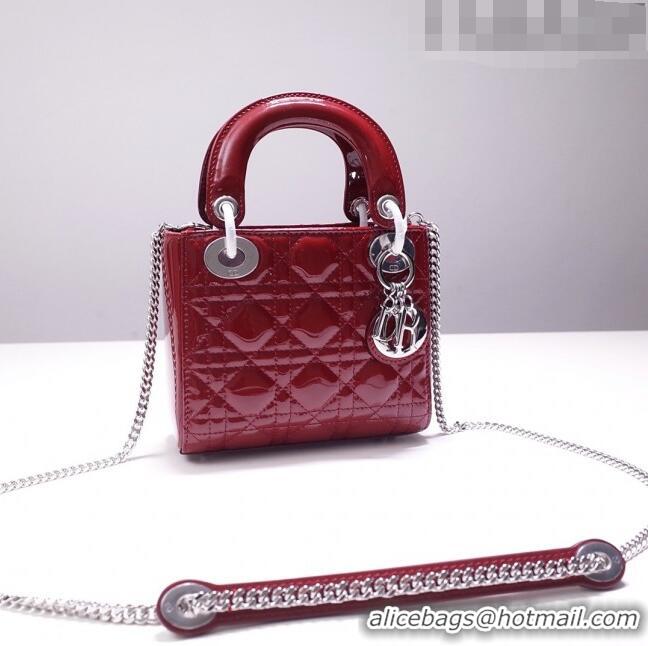 Good Taste Dior Mini Lady Dior Bag in Patent Leather CD2808 Burgundy/Silver 2023 (Two Straps)