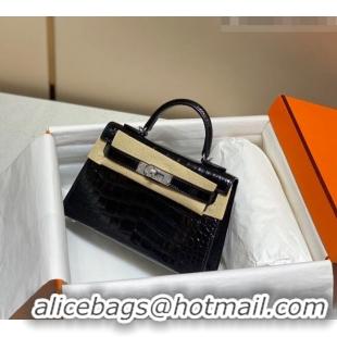 Buy Discount Hermes Mini Kelly Bag 19cm in Crocodile Embossed Leather 0523 Black/Silver 2023 