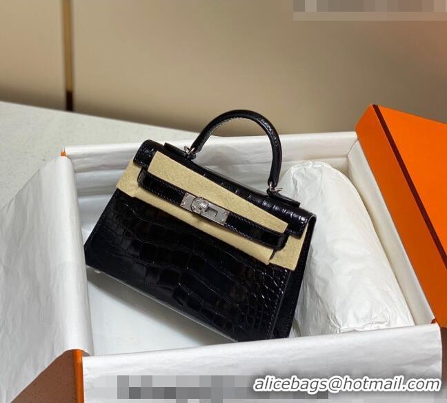 Buy Discount Hermes Mini Kelly Bag 19cm in Crocodile Embossed Leather 0523 Black/Silver 2023 