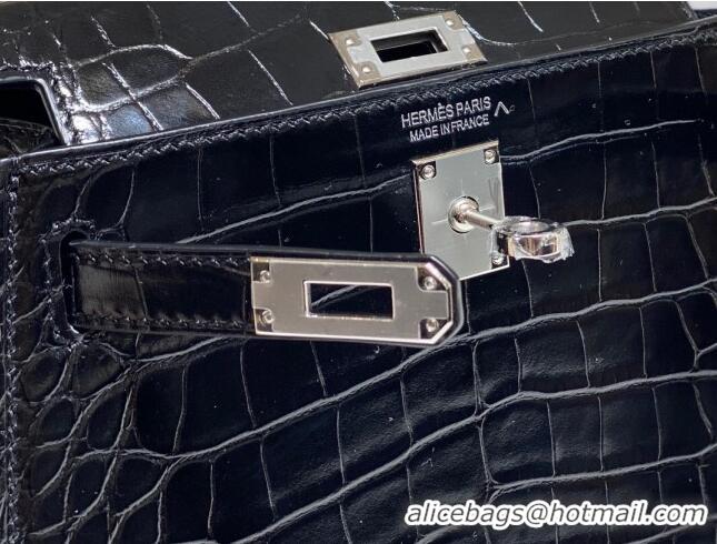 Buy Discount Hermes Mini Kelly Bag 19cm in Crocodile Embossed Leather 0523 Black/Silver 2023 