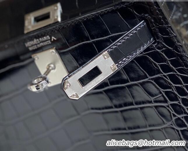 Buy Discount Hermes Mini Kelly Bag 19cm in Crocodile Embossed Leather 0523 Black/Silver 2023 