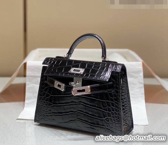 Buy Discount Hermes Mini Kelly Bag 19cm in Crocodile Embossed Leather 0523 Black/Silver 2023 