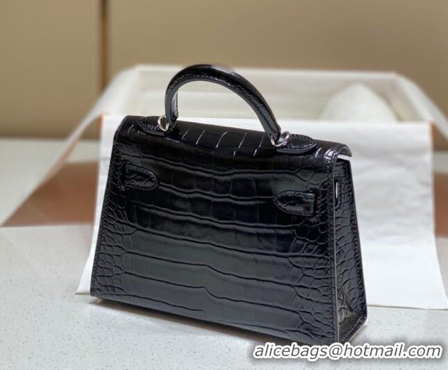 Buy Discount Hermes Mini Kelly Bag 19cm in Crocodile Embossed Leather 0523 Black/Silver 2023 