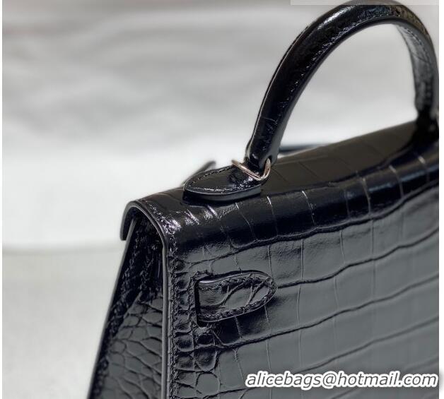 Buy Discount Hermes Mini Kelly Bag 19cm in Crocodile Embossed Leather 0523 Black/Silver 2023 