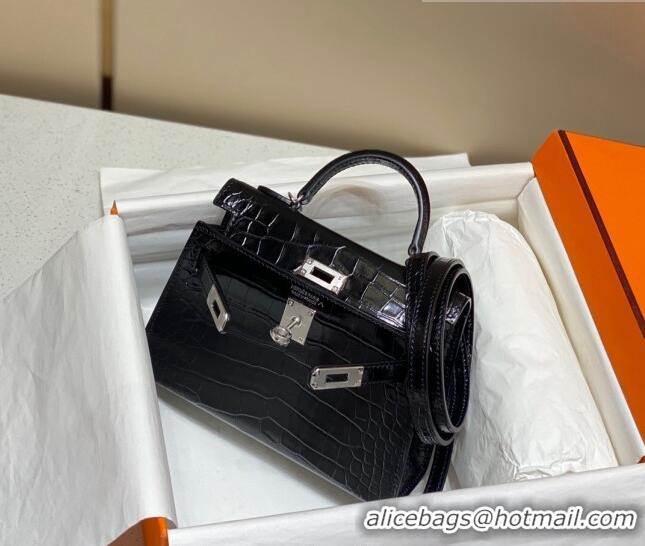 Buy Discount Hermes Mini Kelly Bag 19cm in Crocodile Embossed Leather 0523 Black/Silver 2023 