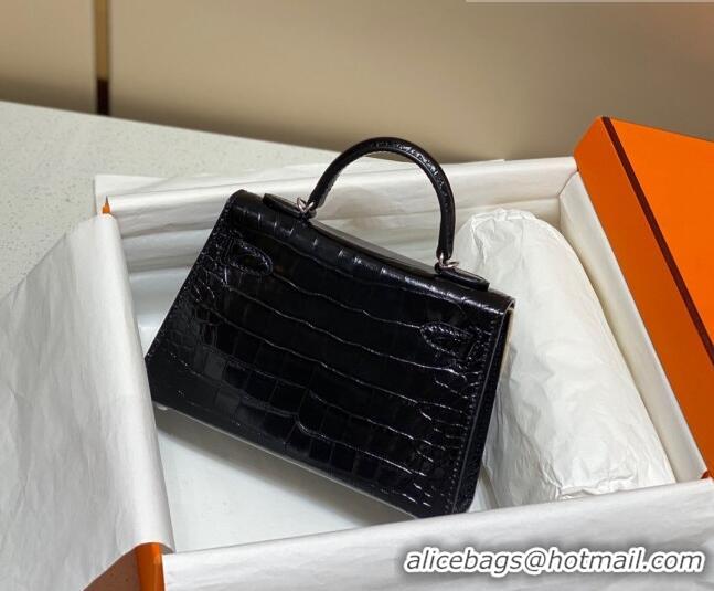 Buy Discount Hermes Mini Kelly Bag 19cm in Crocodile Embossed Leather 0523 Black/Silver 2023 