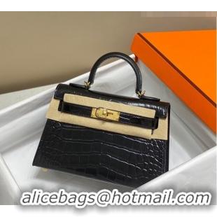 Popular Style Hermes Mini Kelly Bag 19cm in Crocodile Embossed Leather 0523 Black/Gold 2023