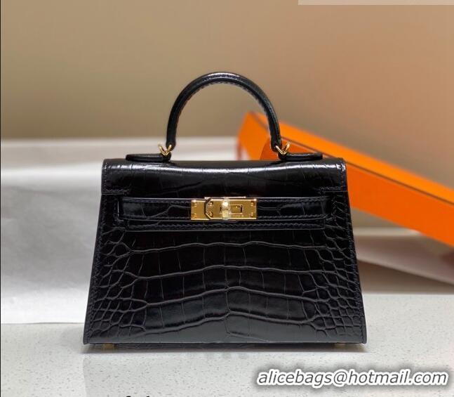 Popular Style Hermes Mini Kelly Bag 19cm in Crocodile Embossed Leather 0523 Black/Gold 2023