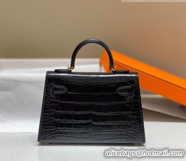 Popular Style Hermes Mini Kelly Bag 19cm in Crocodile Embossed Leather 0523 Black/Gold 2023