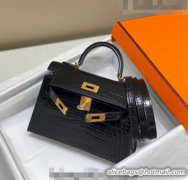 Popular Style Hermes Mini Kelly Bag 19cm in Crocodile Embossed Leather 0523 Black/Gold 2023