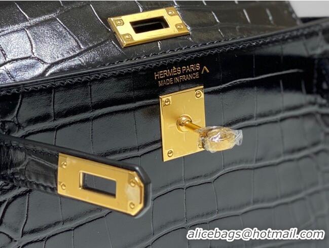 Popular Style Hermes Mini Kelly Bag 19cm in Crocodile Embossed Leather 0523 Black/Gold 2023