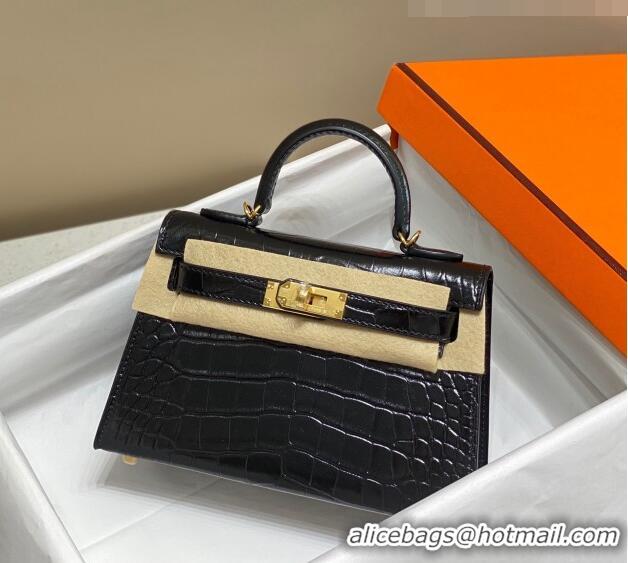 Popular Style Hermes Mini Kelly Bag 19cm in Crocodile Embossed Leather 0523 Black/Gold 2023