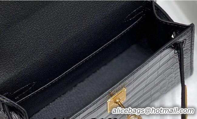 Popular Style Hermes Mini Kelly Bag 19cm in Crocodile Embossed Leather 0523 Black/Gold 2023