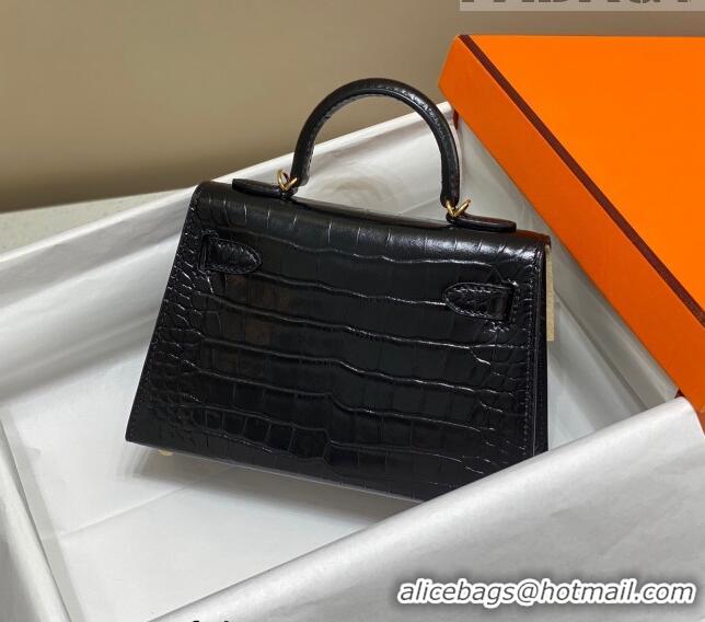 Popular Style Hermes Mini Kelly Bag 19cm in Crocodile Embossed Leather 0523 Black/Gold 2023