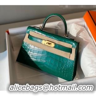 Good Taste Hermes Mini Kelly Bag 19cm in Crocodile Embossed Leather 0523 Emerald Green 2023