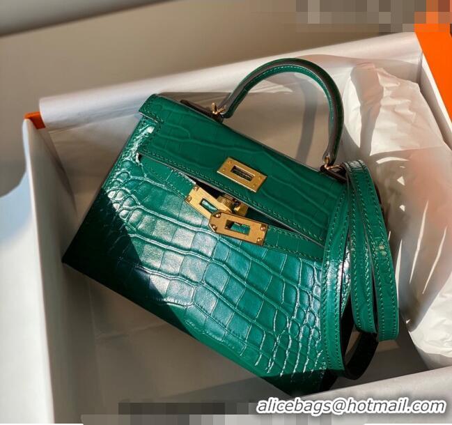 Good Taste Hermes Mini Kelly Bag 19cm in Crocodile Embossed Leather 0523 Emerald Green 2023