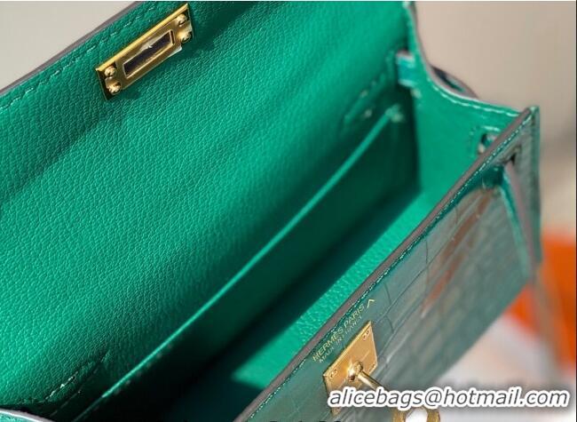 Good Taste Hermes Mini Kelly Bag 19cm in Crocodile Embossed Leather 0523 Emerald Green 2023