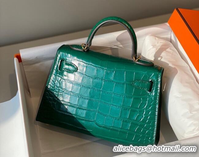 Good Taste Hermes Mini Kelly Bag 19cm in Crocodile Embossed Leather 0523 Emerald Green 2023