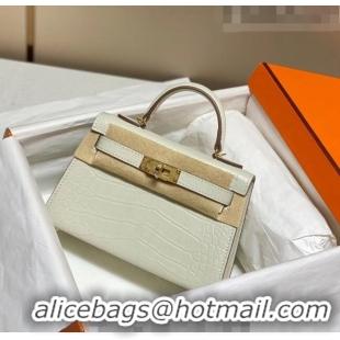 Super Quality Hermes Mini Kelly Bag 19cm in Crocodile Embossed Leather 0523 Cream White 2023